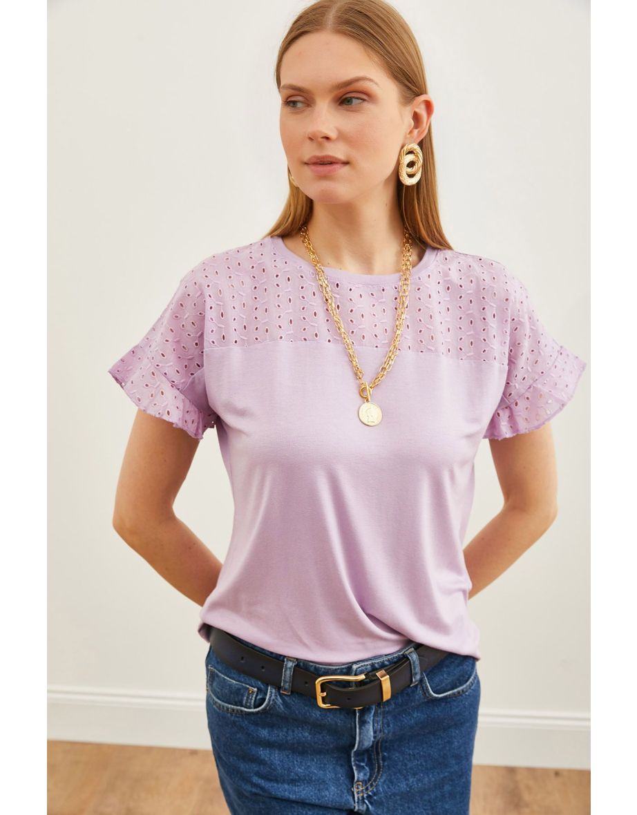 Women's Lilac Top Scallop Sleeve Flounce T-Shirt - 5