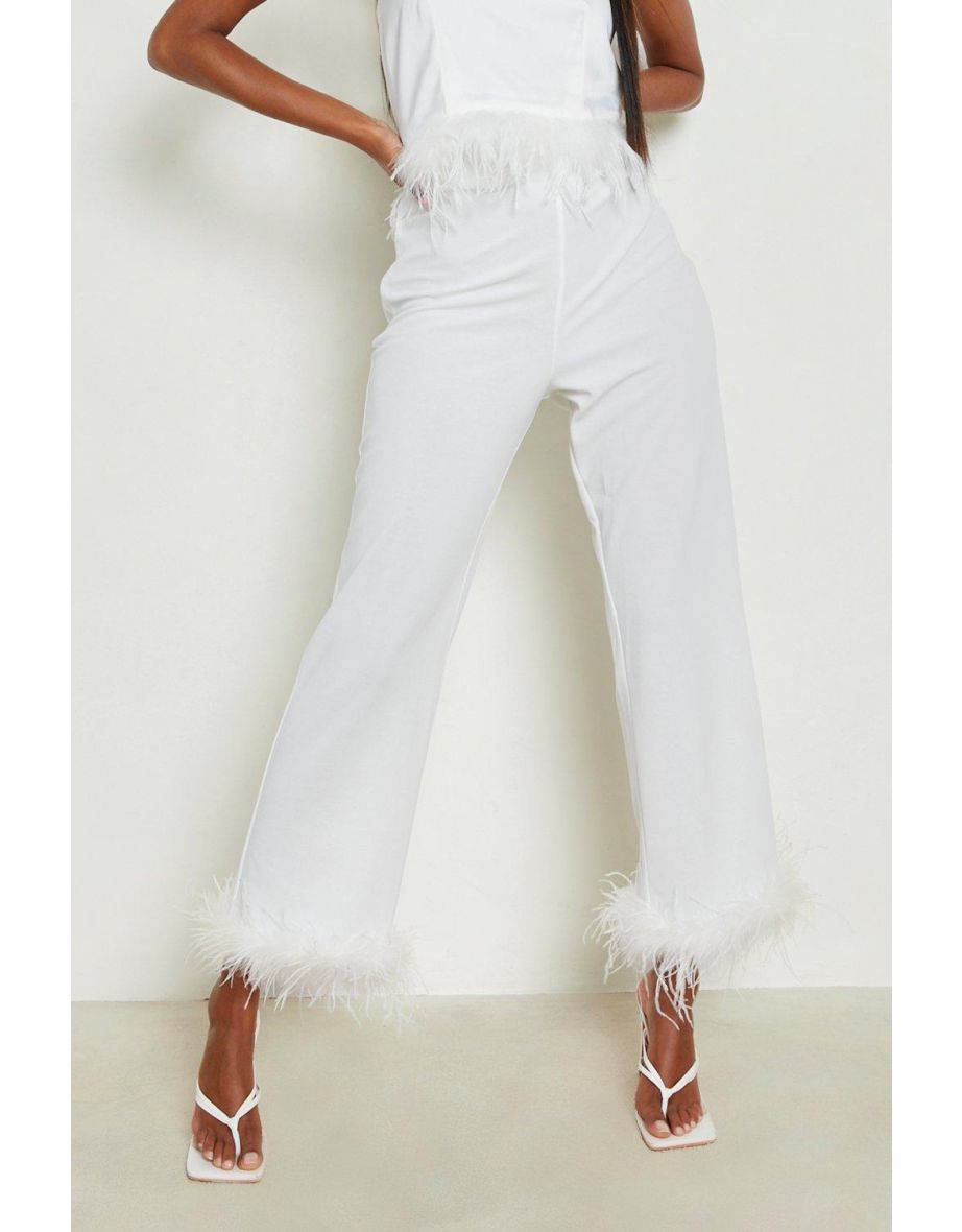 Feather Trim Cropped Skinny Trouser - white - 3