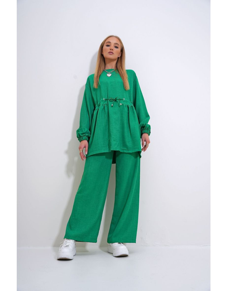Women's Emerald Green Crew Neck Self-Belt Palazzo Trousers Tunic Suit - 2