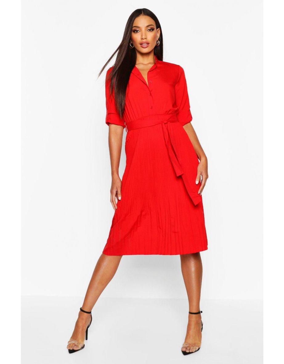 Pleated Collarless Midi Skater Dress - black - 3