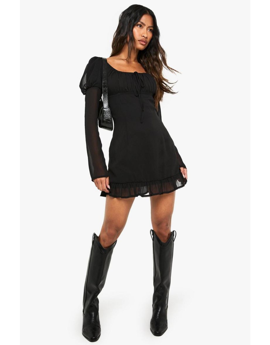 Crinkle Chiffon Long Sleeve Mini Dress - black