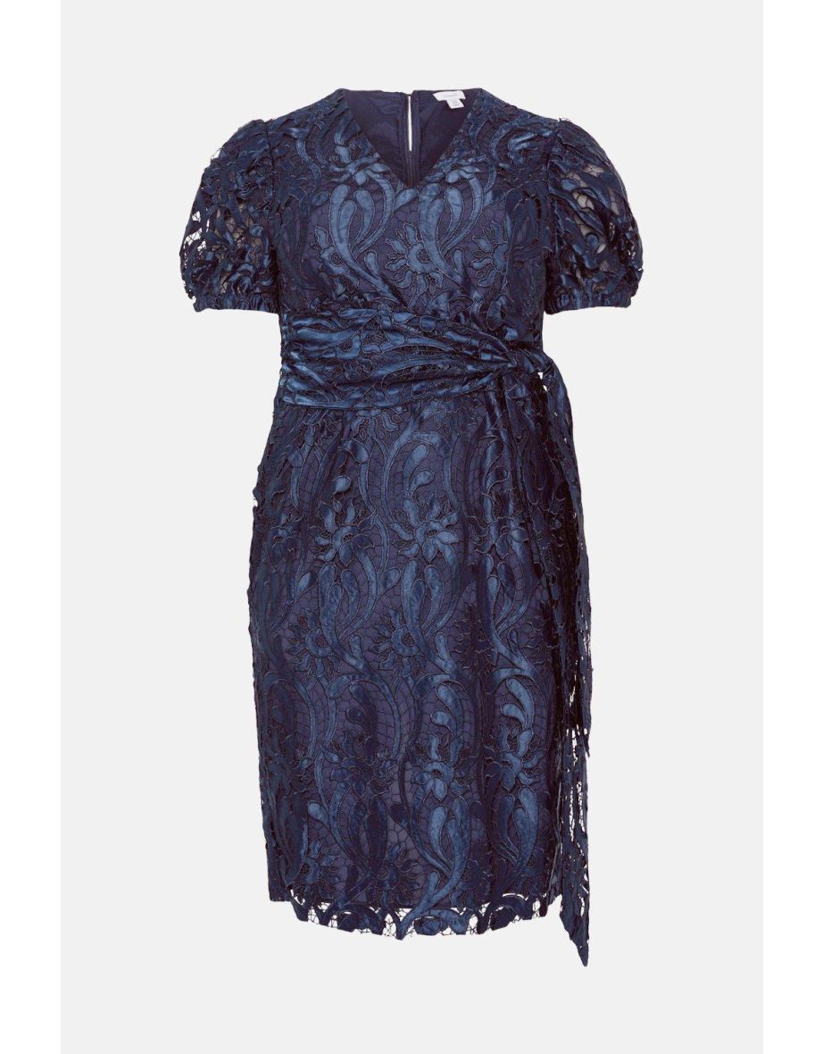 Plus Size Pencil Dress In Satin Lace With Buttons & Tie - 3