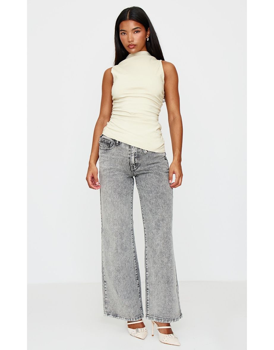 Stone High Neck Ruched Asymmetrical Long Top