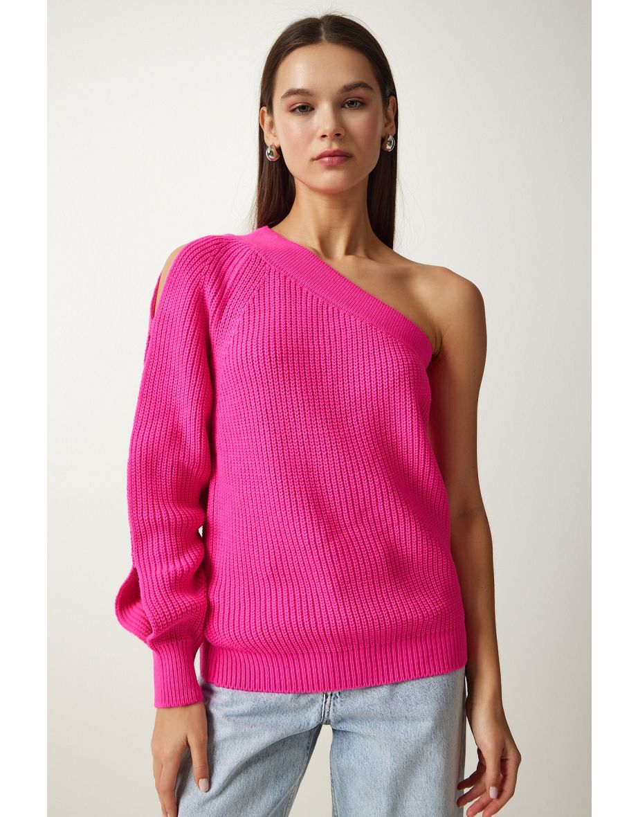 Women's Fuchsia Window Detailed Single Sleeve Knitwear Sweater