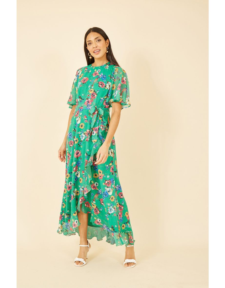 Yumi Green Floral Bird Print Midi Frill Dress