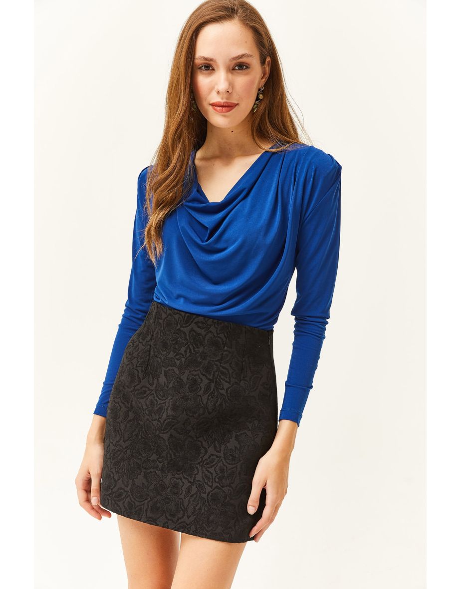 Women's Saxe Blue Waistband Pleated Turndown Collar Blouse