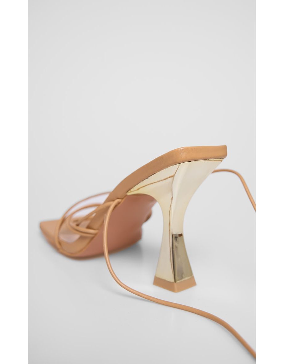 Tan PU Square Toe Strappy Lace Up Heeled Sandals - 3