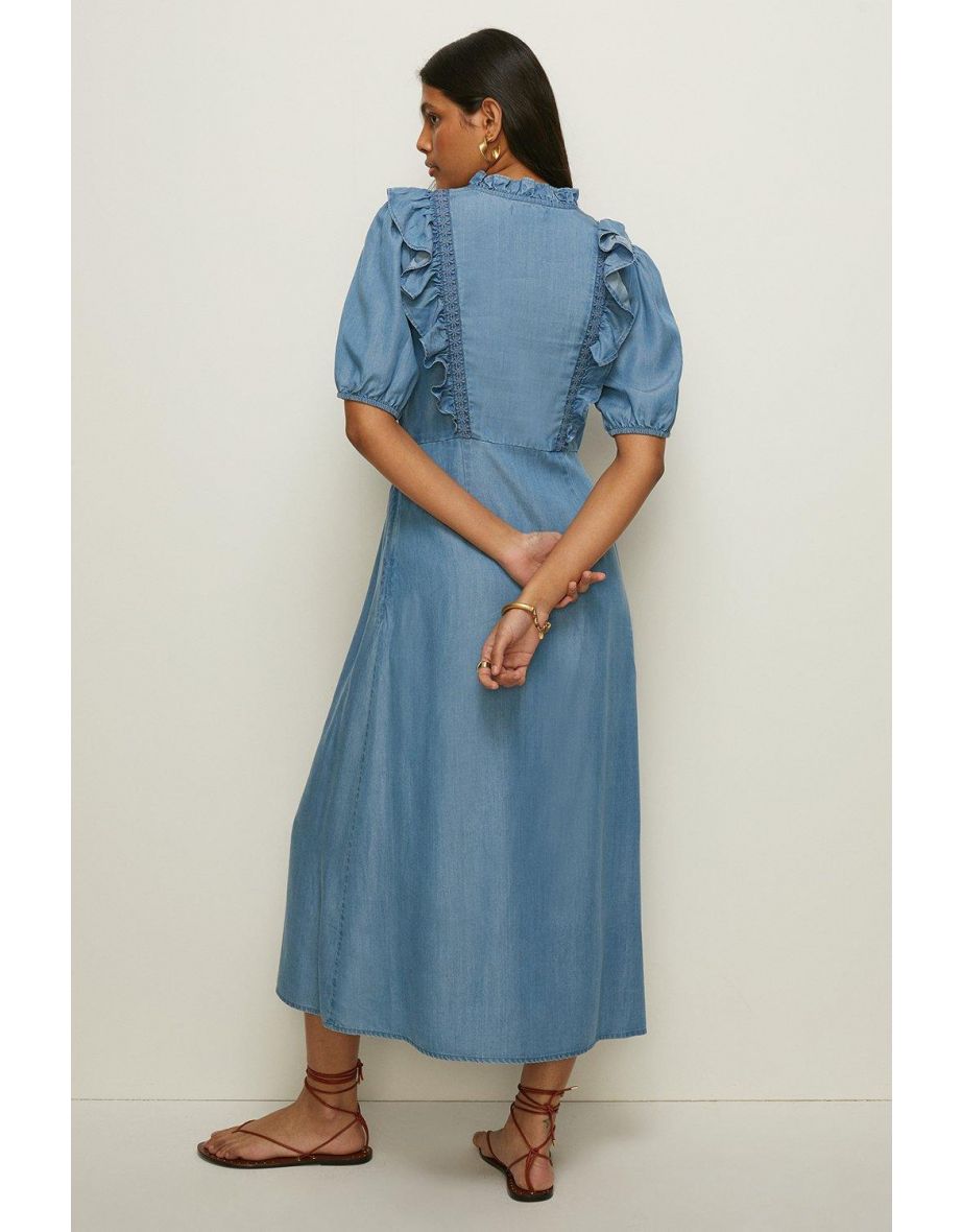 Long Sleeve Frill Tencel Dress - 2