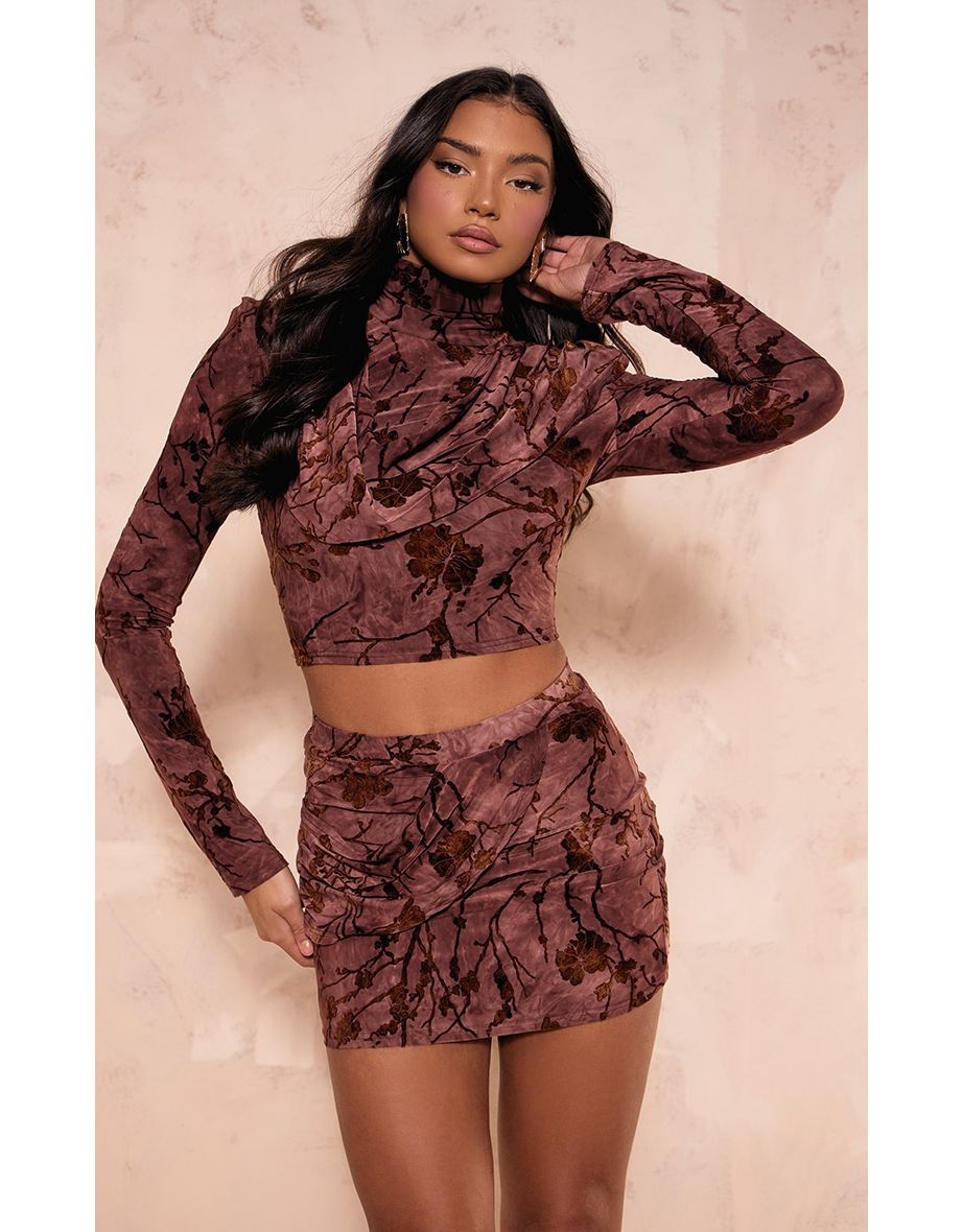 Brown Devore High Neck Drape Crop Top