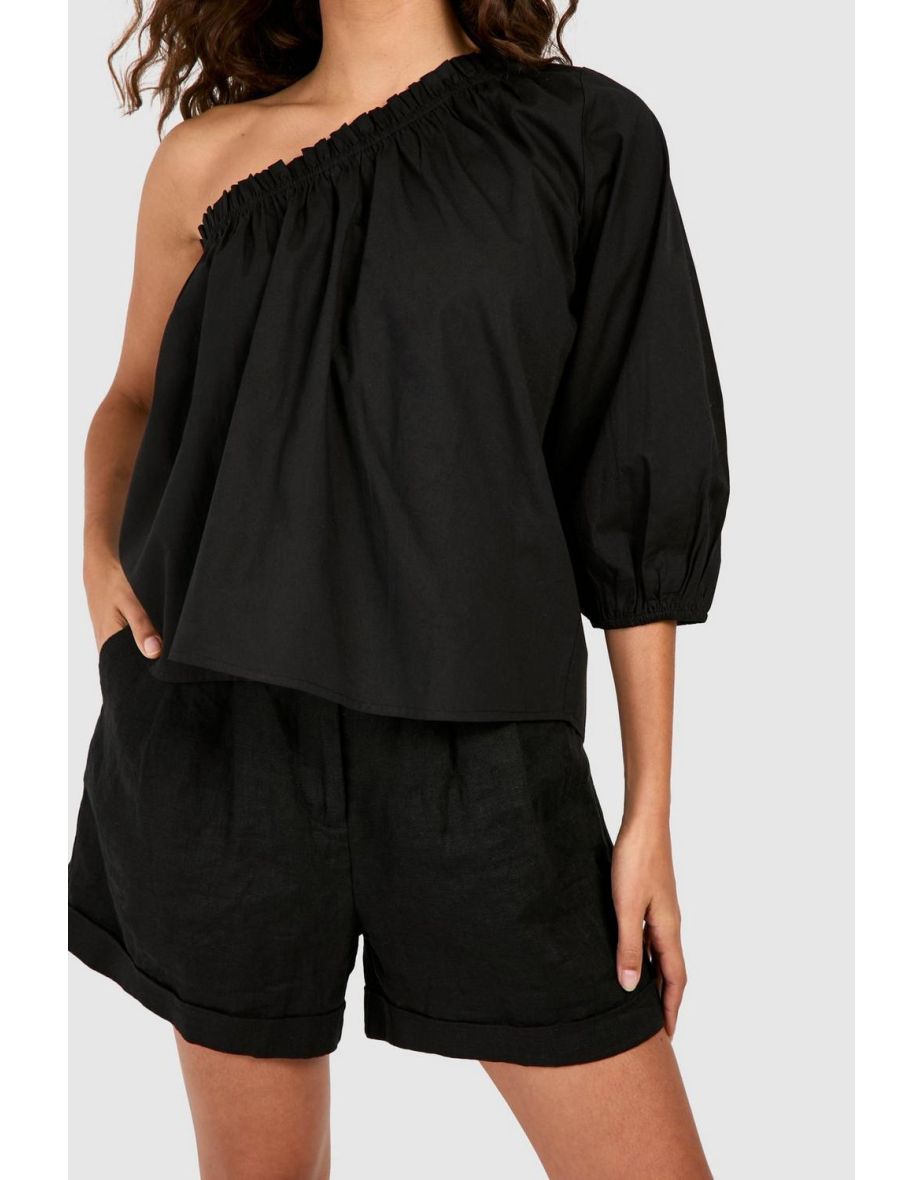 Puff Sleeve One Shoulder Cotton Poplin Top - black - 3