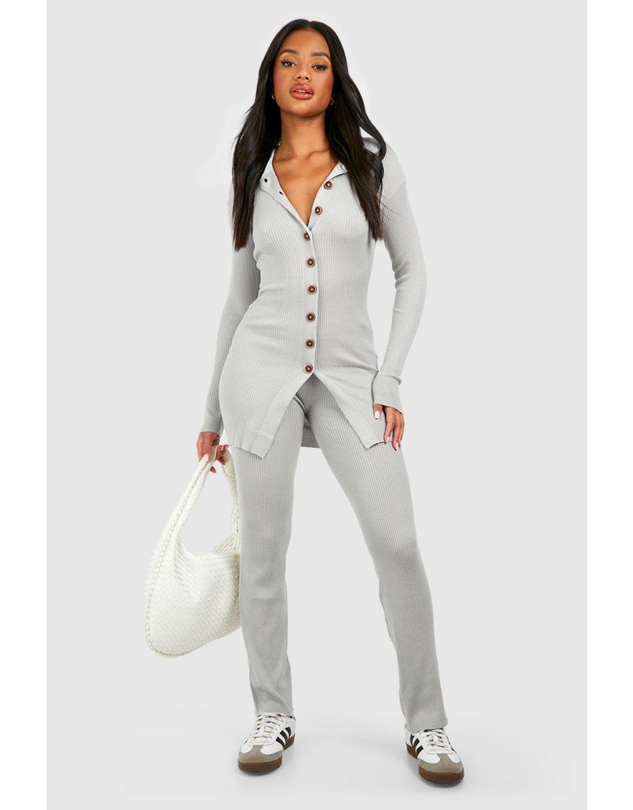 Long Cardigan And Wide Leg Knitted Set - silver
