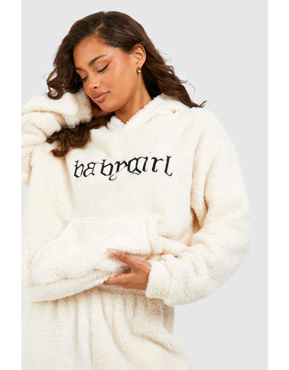 Baby Girl Slogan Fleece Loungewear Set - cream - 3