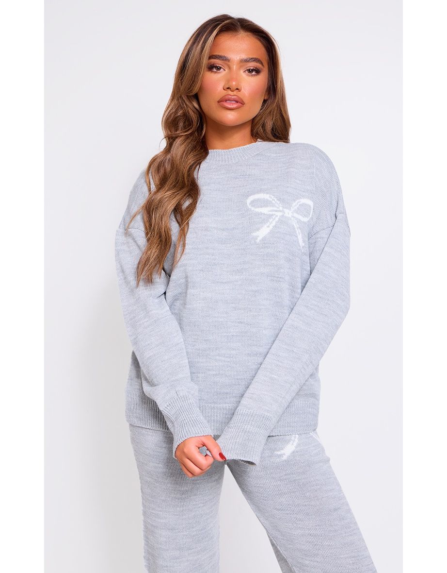 Shop Ash Grey Soft Knit Bow Detail Oversized Jumper Online in Bahrain VogaCloset