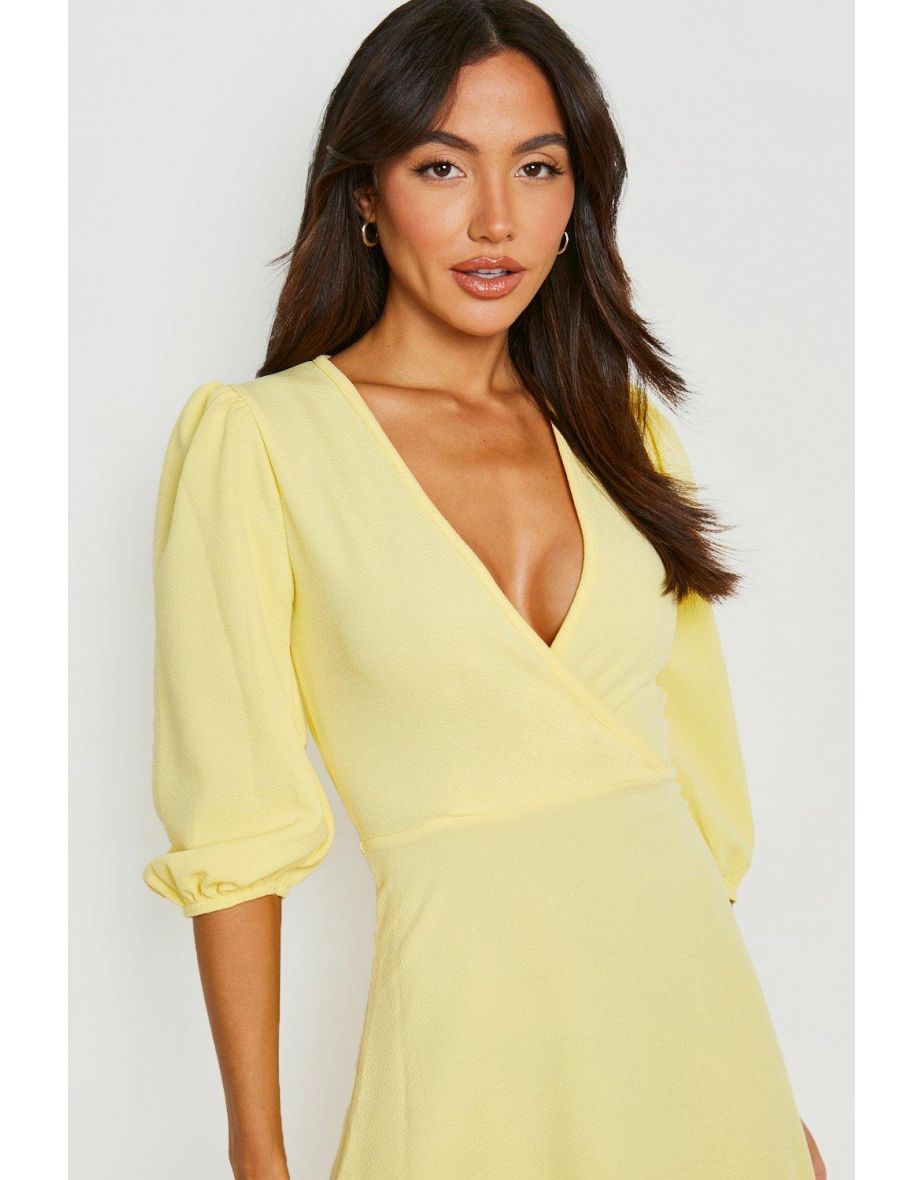 Puff Sleeve Side Split Midi Skater Dress - lemon - 3