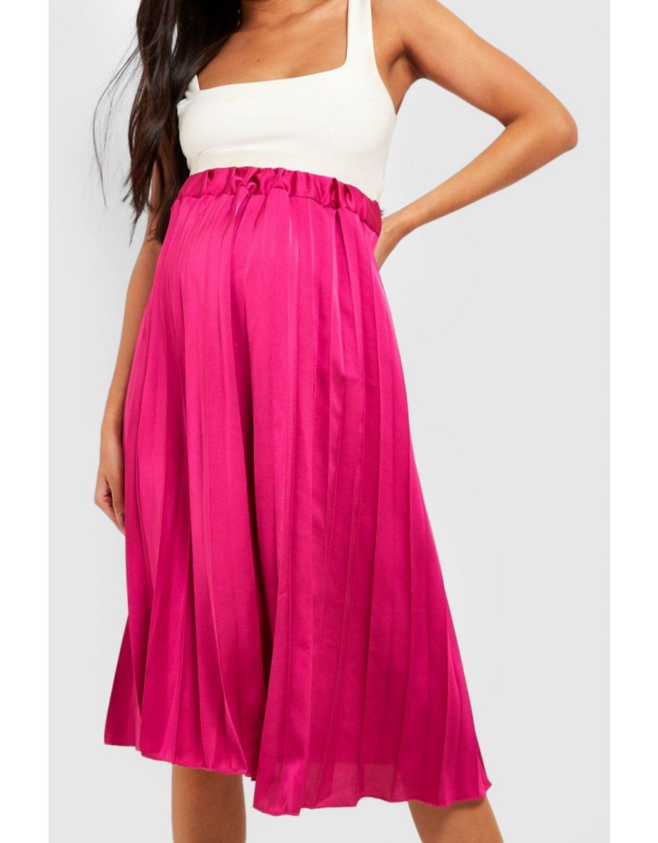 Maternity Satin Pleated Midi Skirt - hot pink - 3