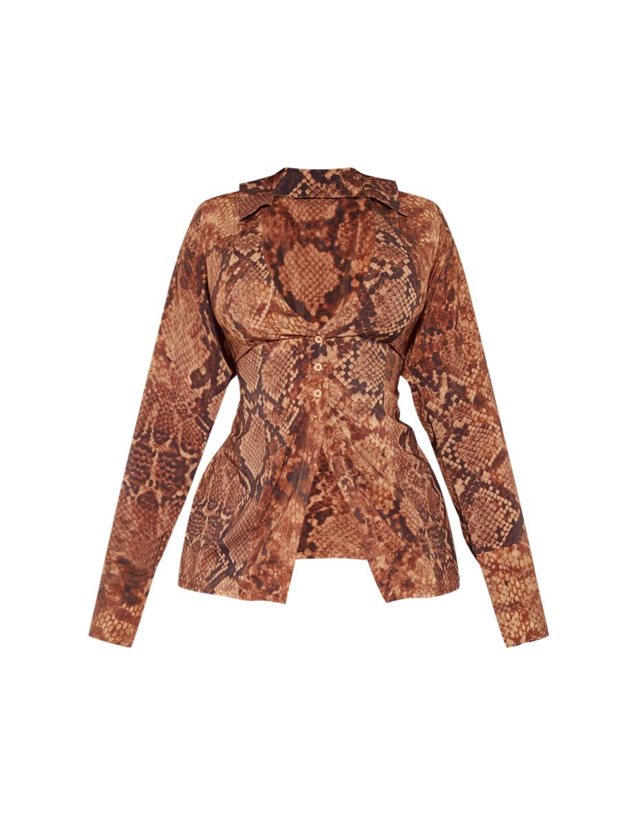 Plus Deep Brown Snake Print Chiffon Fitted Shirt - 4