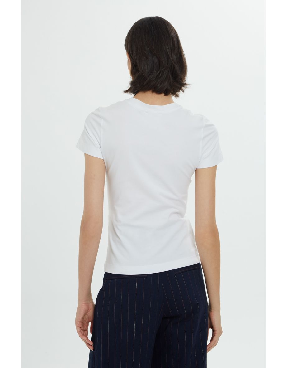 White Short Sleeve T-shirt with Pearl and Stone Details - 3
