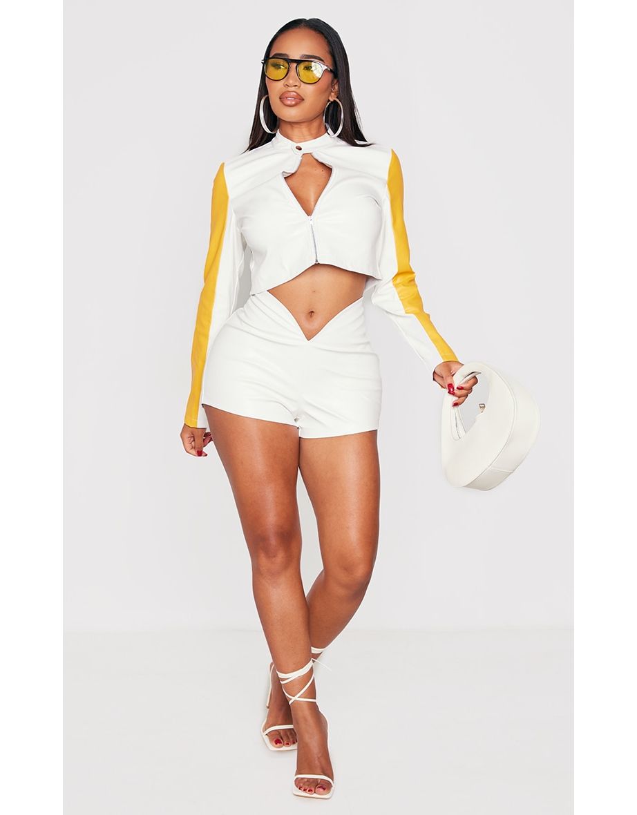 Shape White Faux Leather Colourblock Zip Cropped Jacket - 2