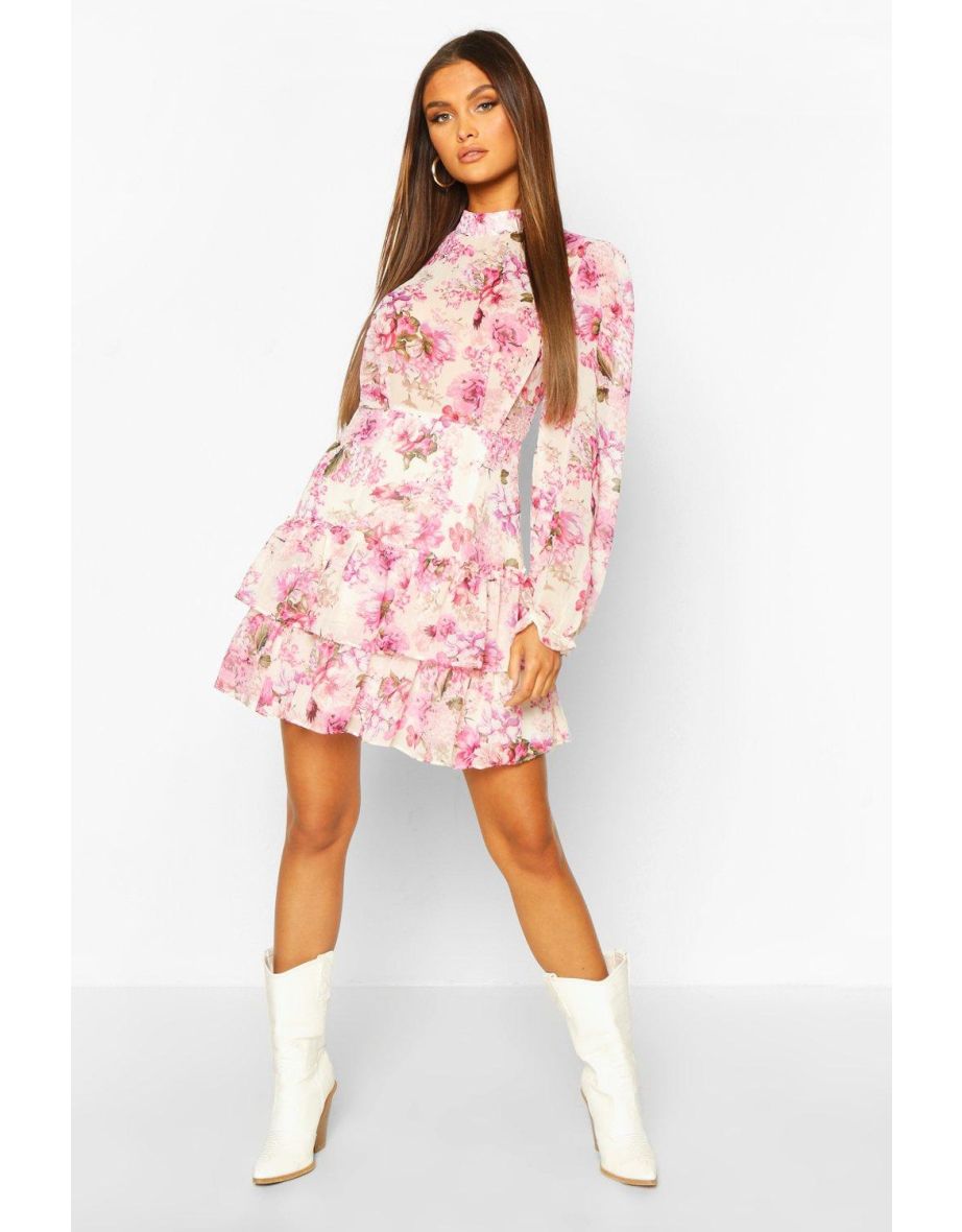 Quiz floral print frill skater dress best sale