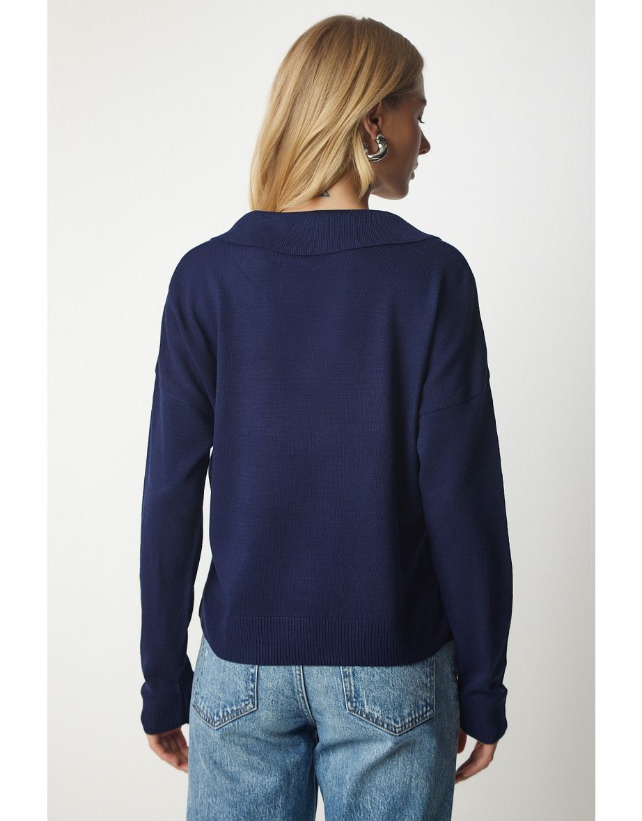 Women's Navy Blue Polo Collar Basic Sweater - 5