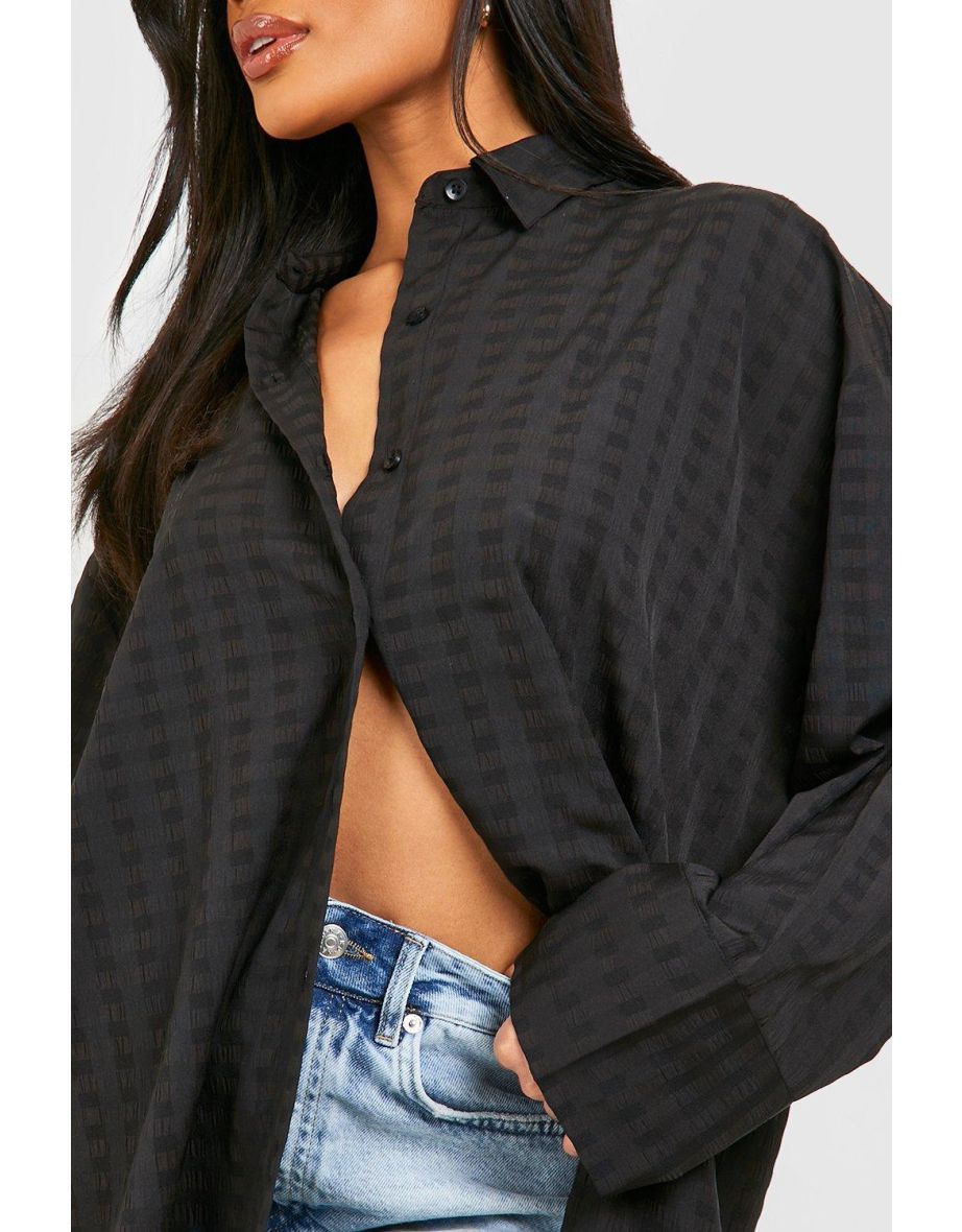 Textured Oversized Longline Shirt - black - 3