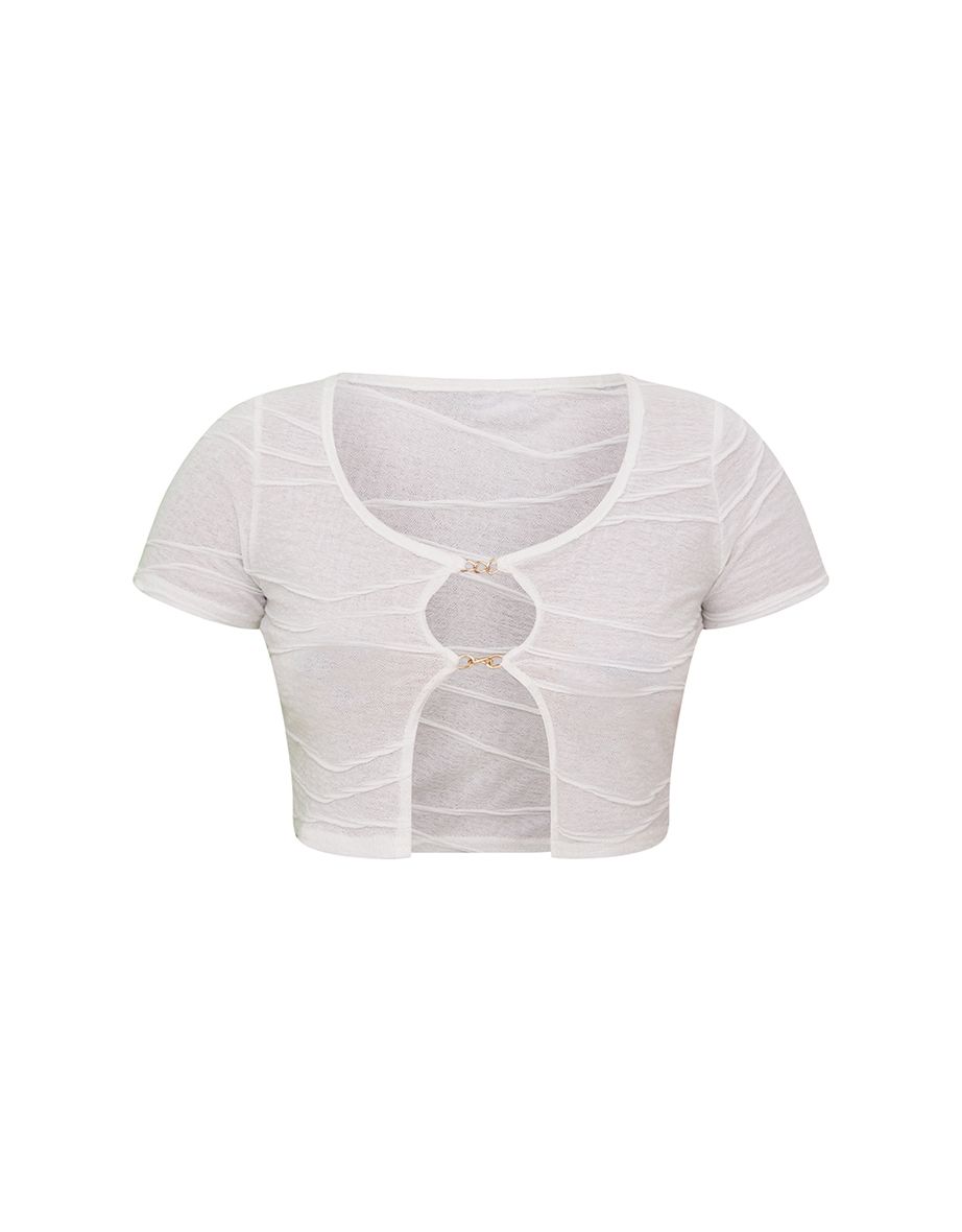 White Textured Jersey Chain Fastened Crop Top - 4