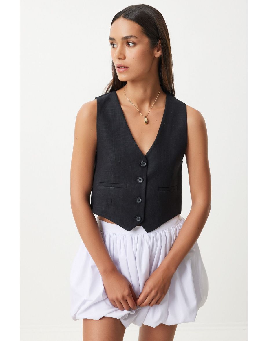 Women's Black Linen Short Waistcoat