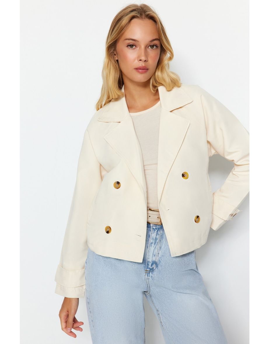 Ecru Oversize Wide-Cut Crop Water-Repellent Trench Coat