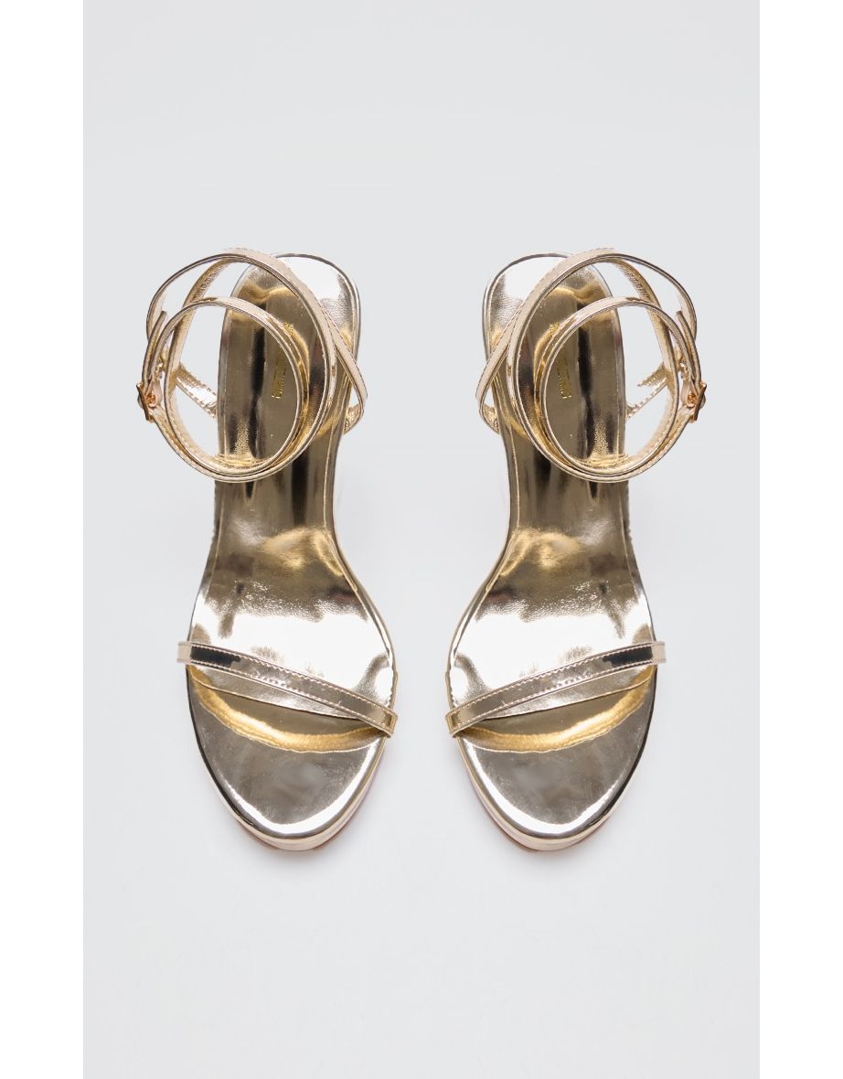 Gold Metallic Pu Round Toe Curved Heel Wedges - 3