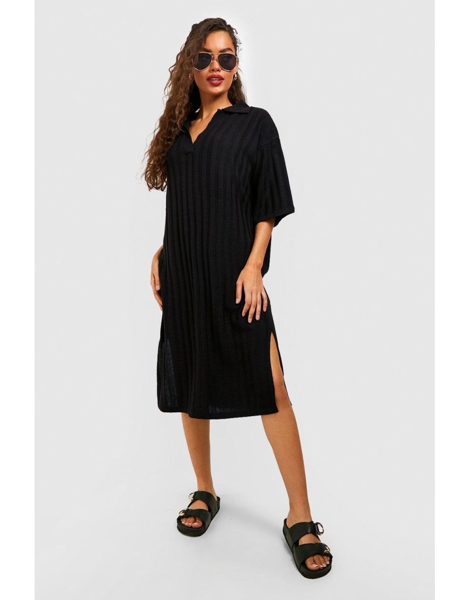 Wide Rib Collared Knitted Jumper Dress - black