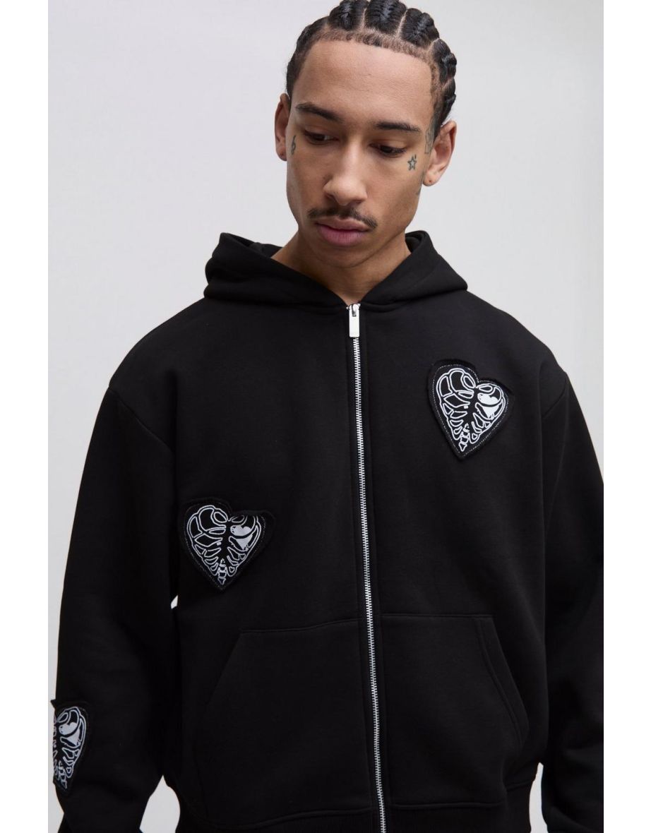 Oversized Boxy Zip Through and Extreme Wide Leg Hearts Applique Tracksuit - black - 2