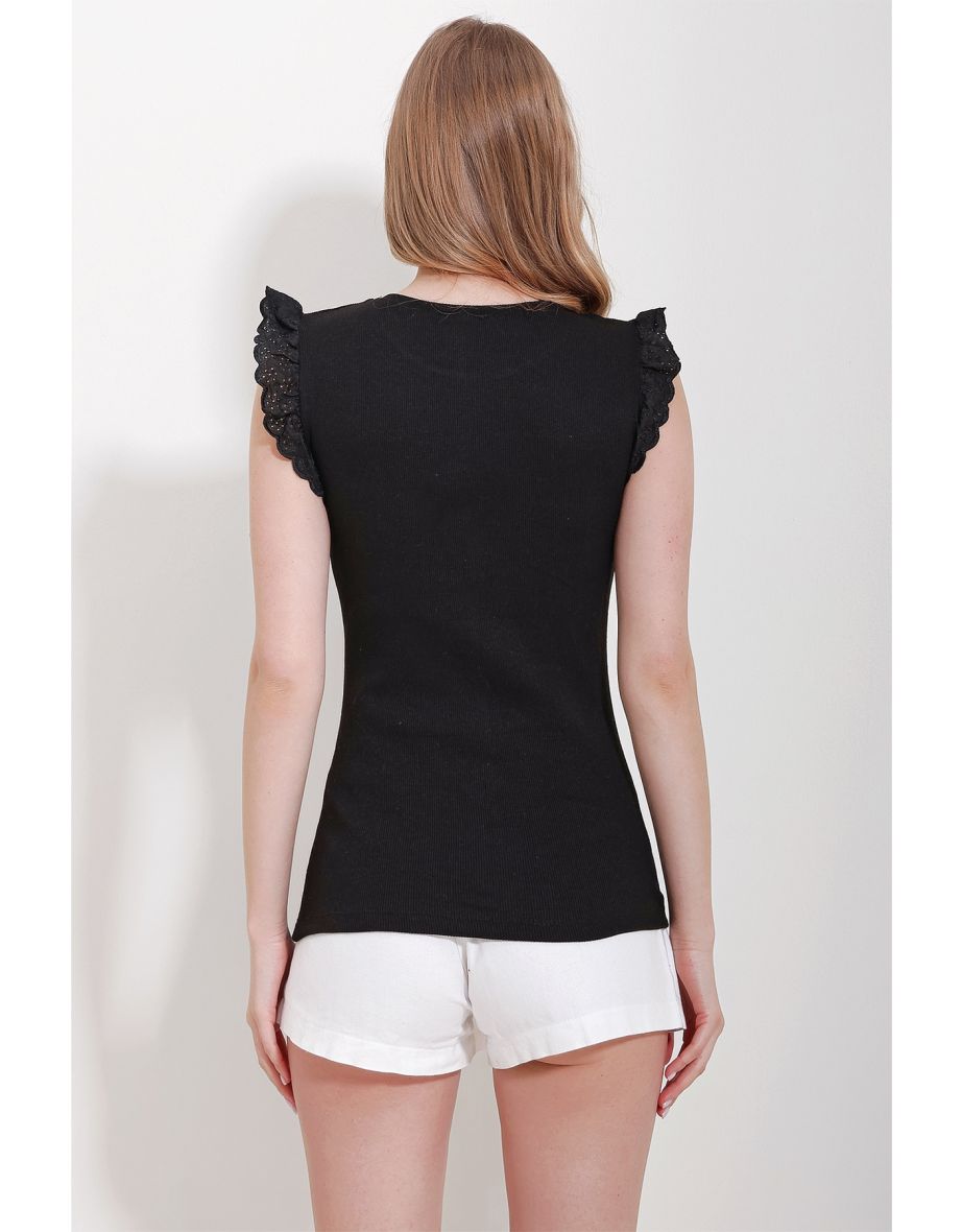 Women's Black Crew Neck Sleeve Scalloped Blouse - 1