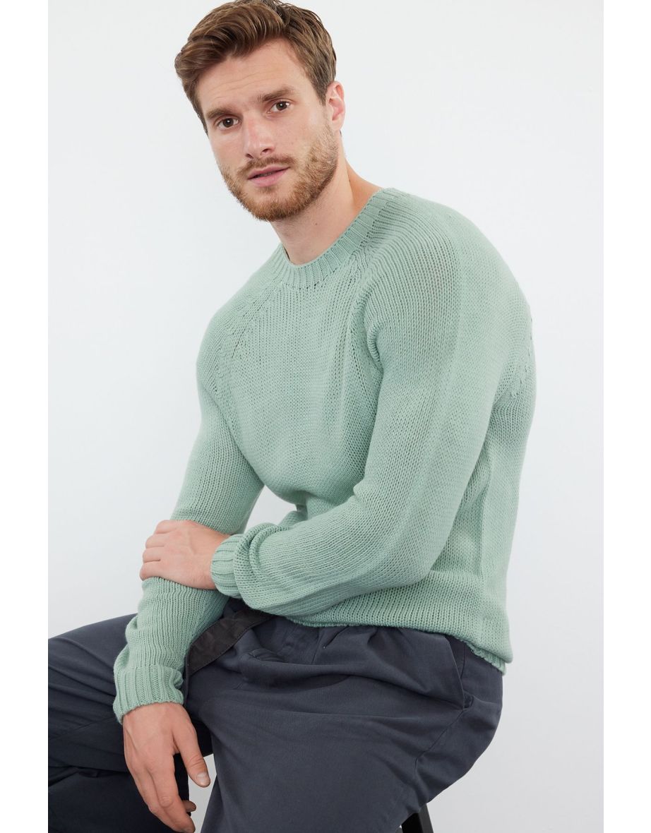 Men's Mint Slim Fit Crew Neck Raglan Sleeve Seamless Basic Knitwear Sweater