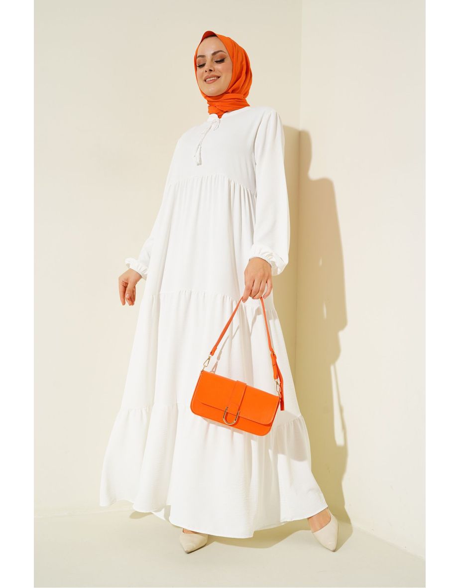 Shop Collar Lace up Hijab Dress White Online in Qatar VogaCloset