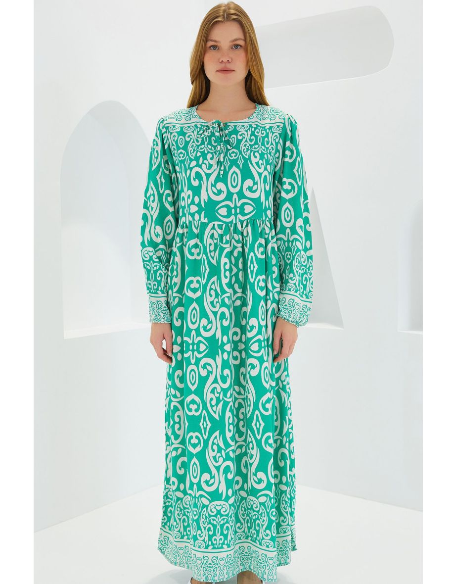 Women's Green Ecru Patterned Long Viscose Dress