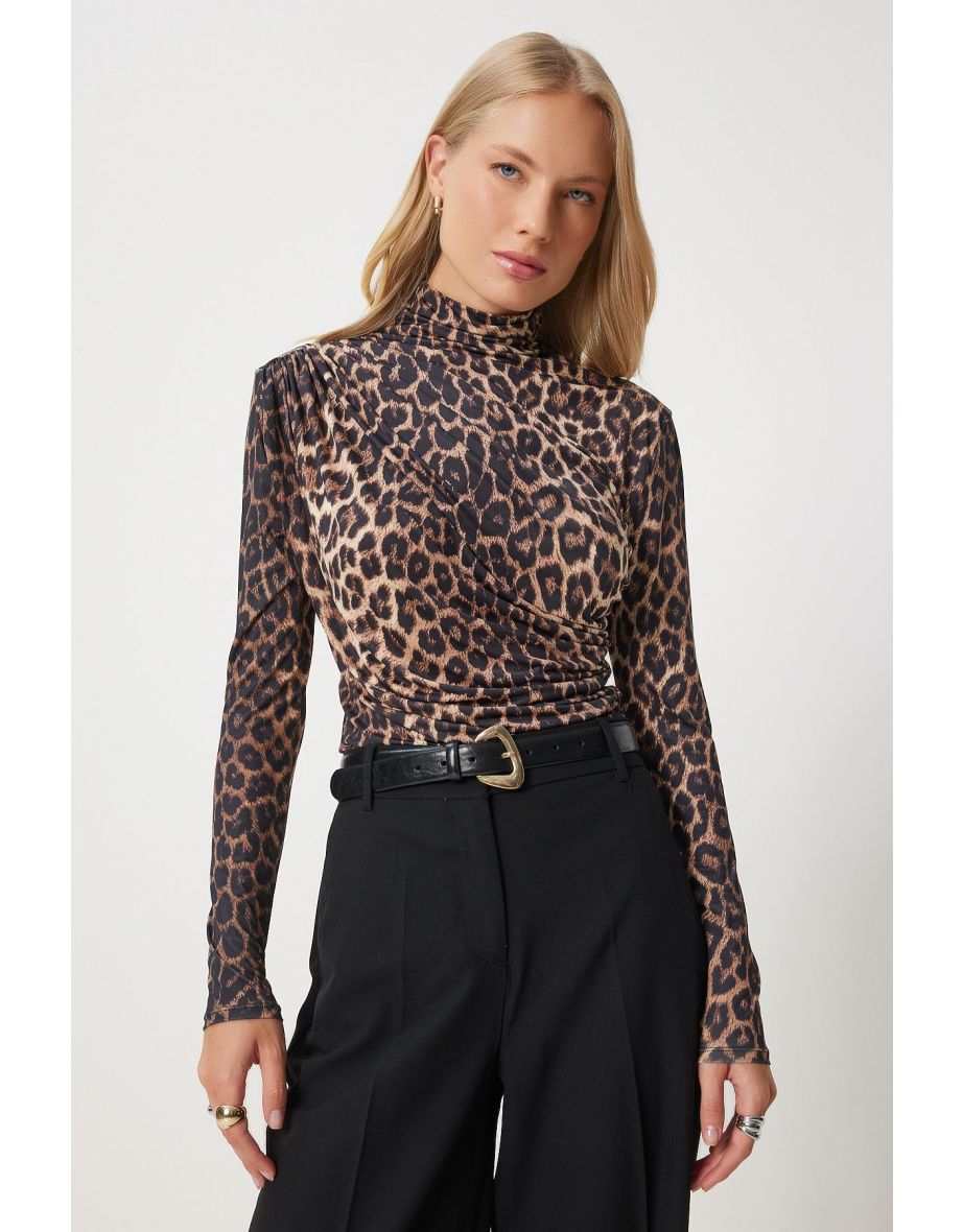 Women's Black Beige Gathered Detailed Stand Collar Sandy Blouse