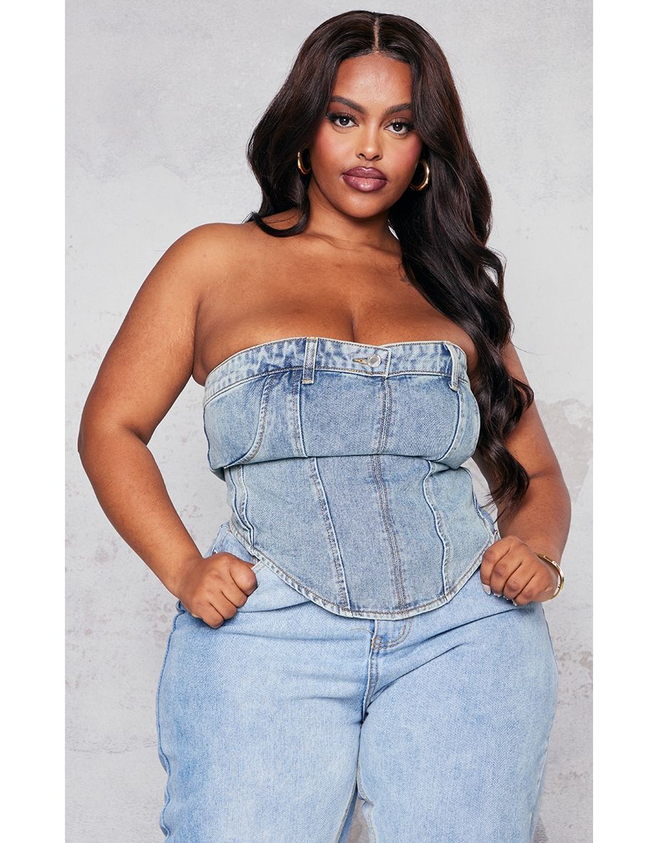 Plus Light Blue Wash Jean Waistband Detail Denim Corset Top