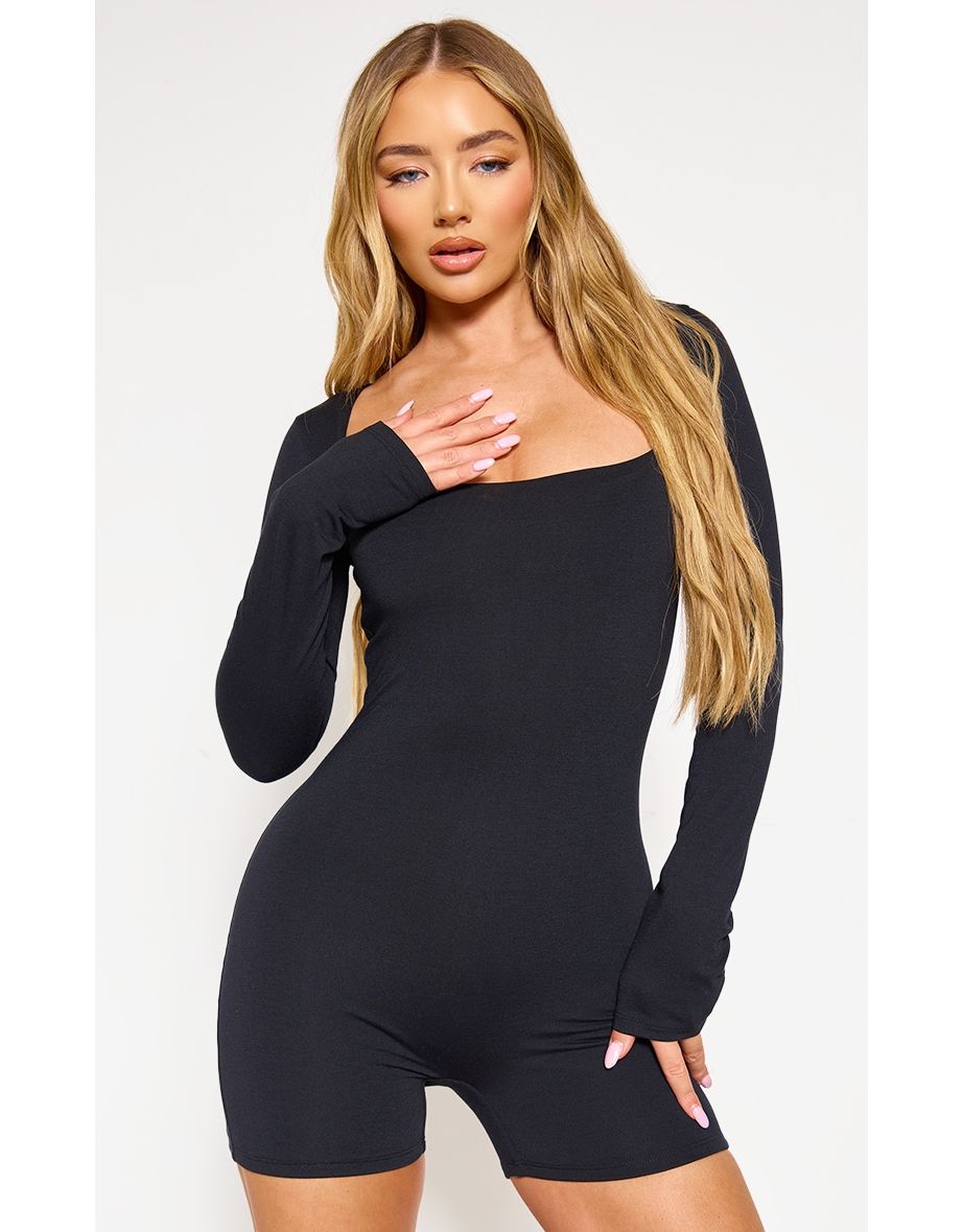 Black Double Layer Contour Jersey Square Neck Long Sleeve Unitard