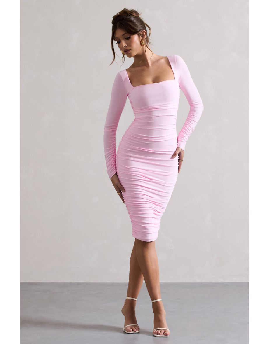 Seductress | Pink Long Sleeve Square Neck Ruched Midi Dress