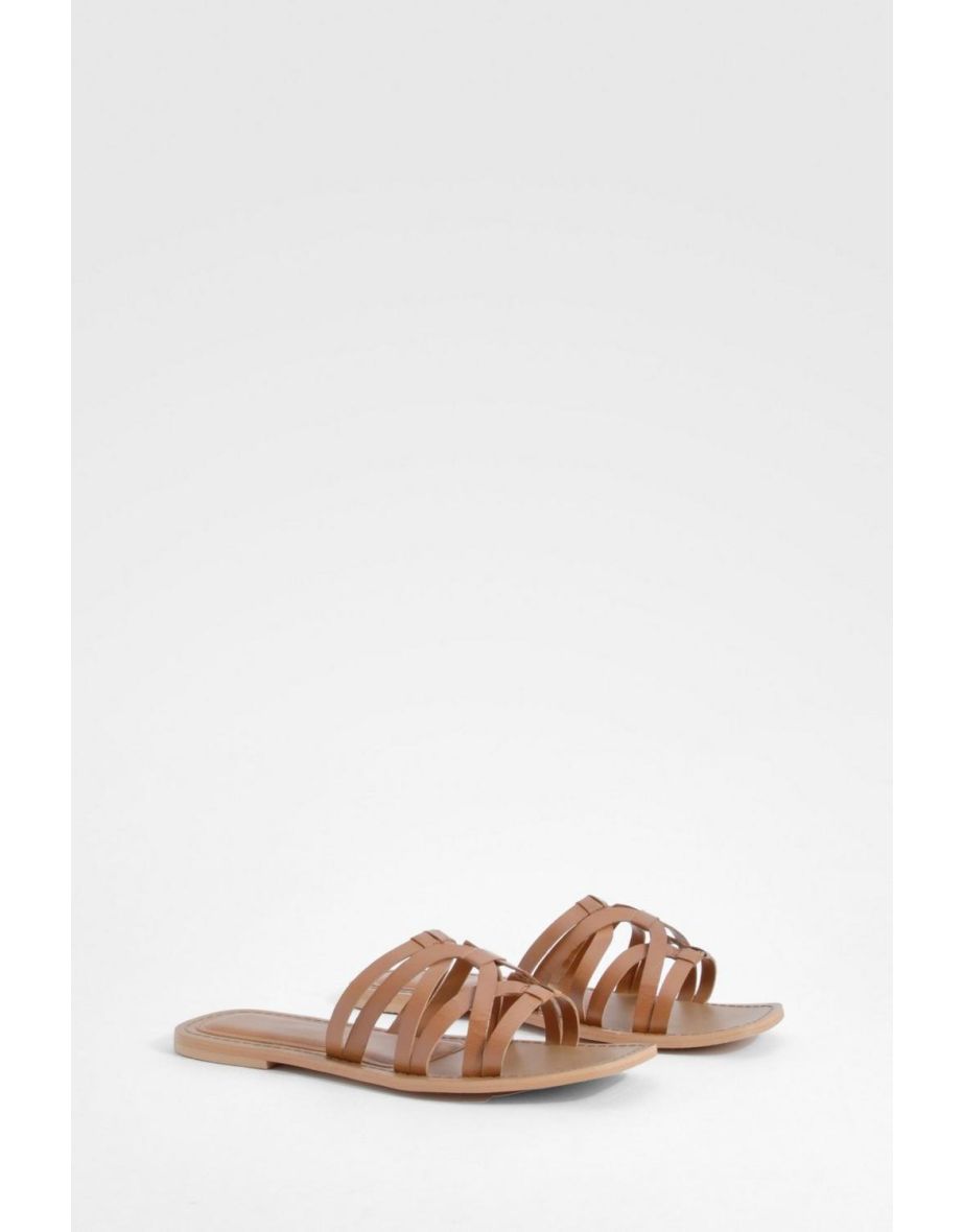 Wide Fit Leather Caged Mules - tan