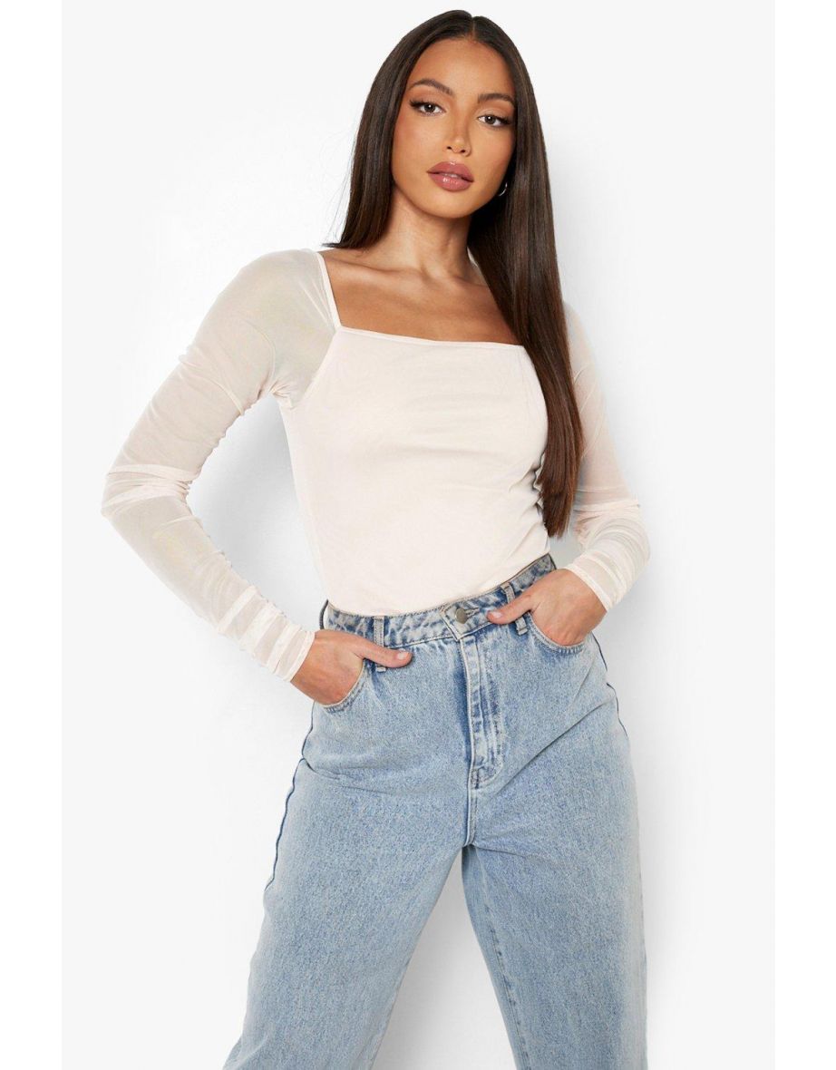 Tall Square Neck Mesh Bodysuit - nude - 3
