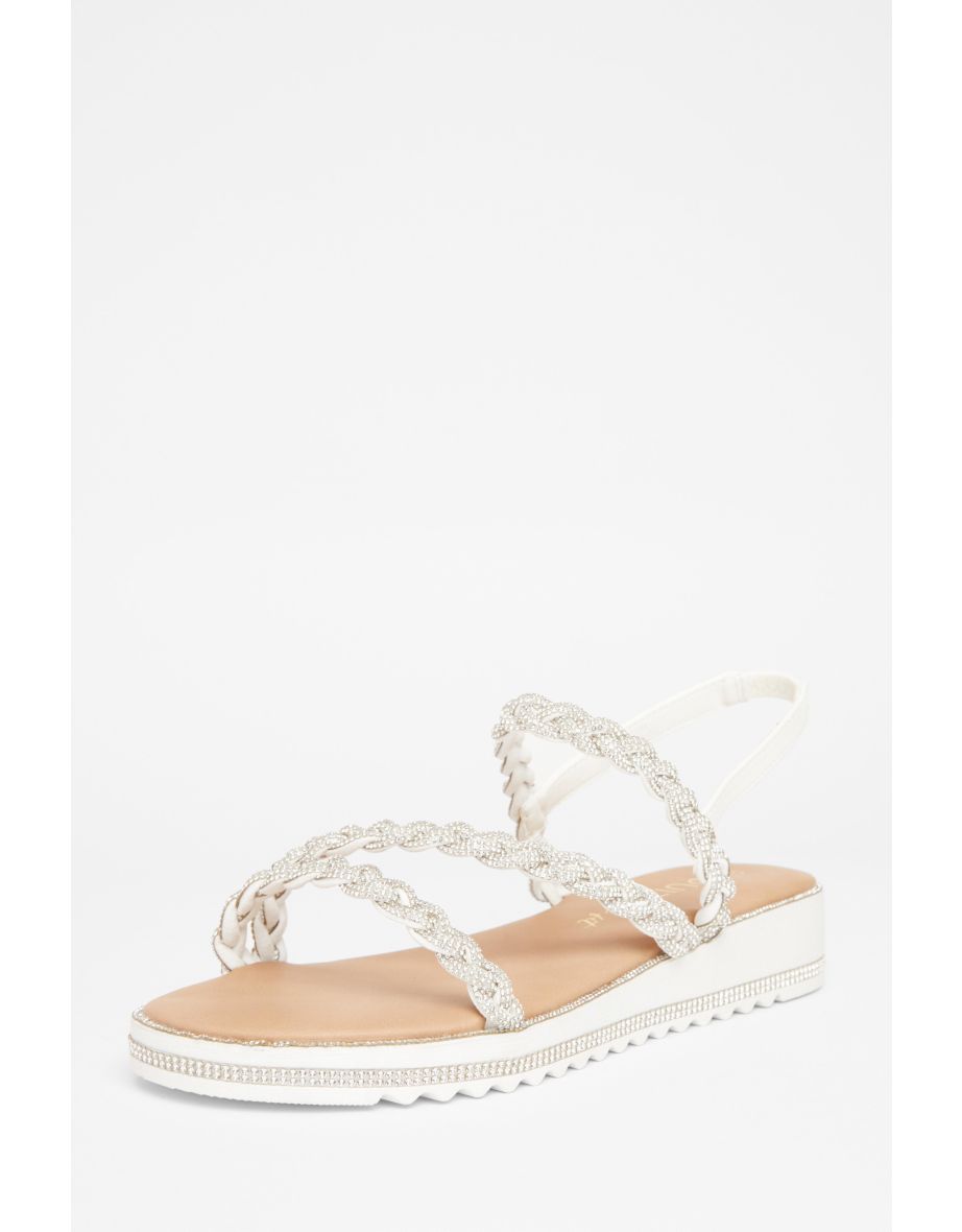 Wide Fit White Diamante Flat Sandals