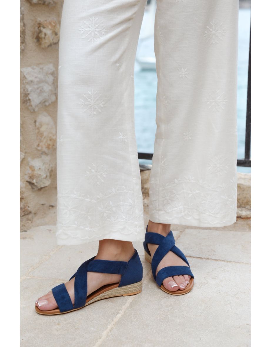 HUMMINGBIRD WIDE FIT LOW WEDGE SHOES WITH CROSS OVER STRAP IN NAVY SUEDE