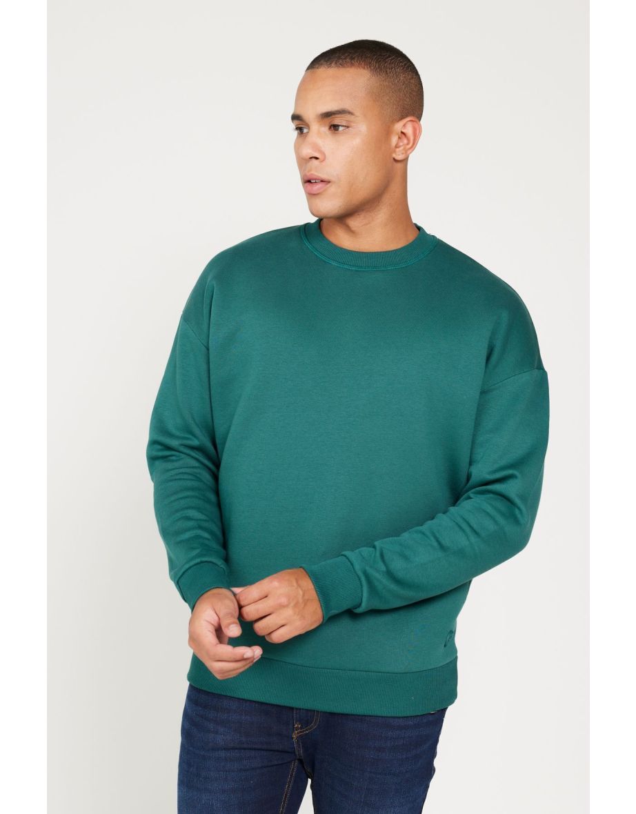 Men's Dark Green Oversize Fit Wide Cut Cotton Fleece Inner 3 Thread Crew Neck Sweatshirt - 3