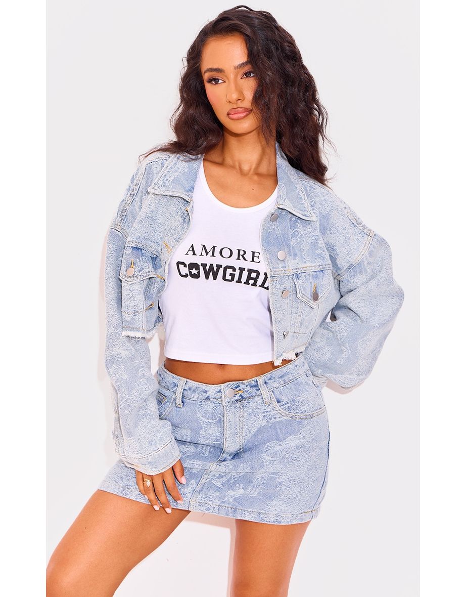 Petite Blue Jacquard Denim Cropped Jacket