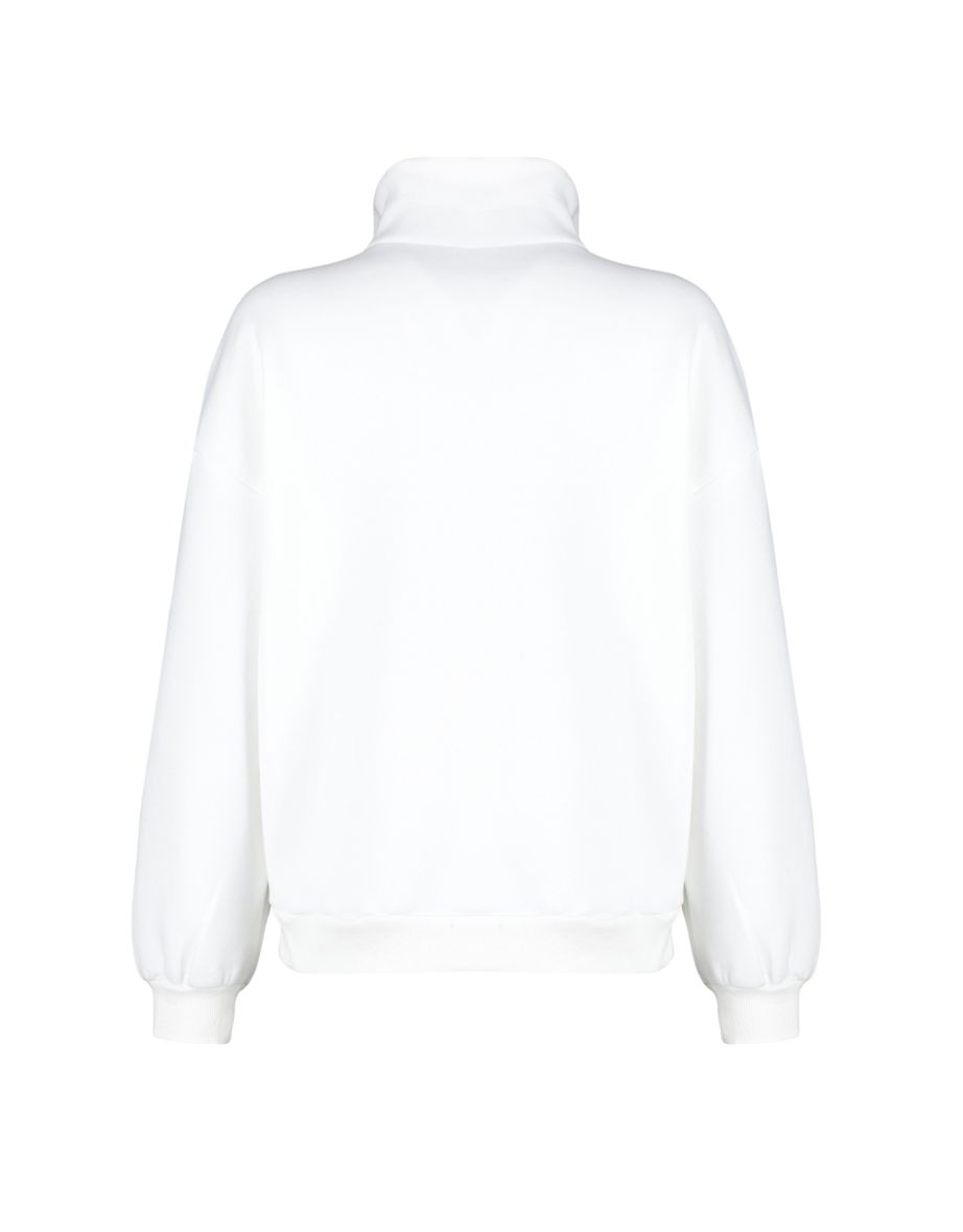 Ecru, Zipper Printed Oversized/Wide fit Stitched Fleece Inside Knitted Sweatshirt - 7