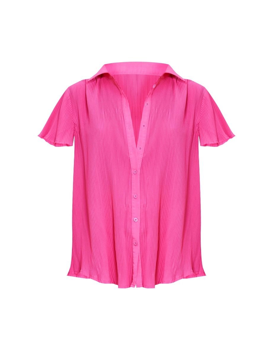 Hot Pink Plisse Button Front Oversized Short Sleeve Shirt - 4