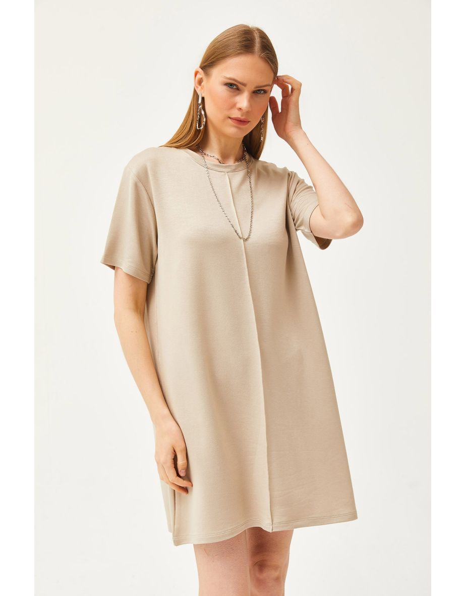 Women's Beige Front Stitched Soft Textured Mini Dress - 5