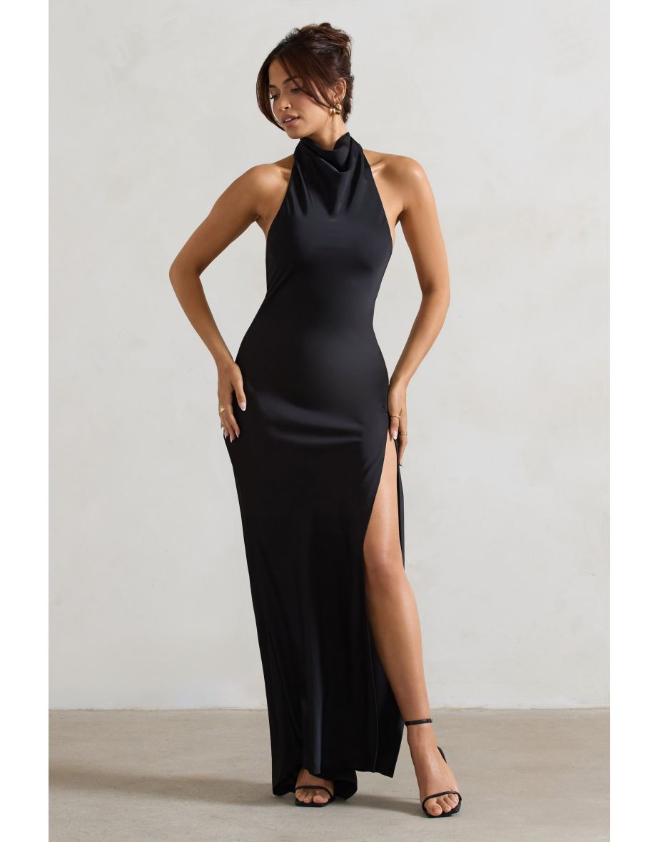 Priero | Black Cowl Halter-Neck Open Back Floor Dress - 4