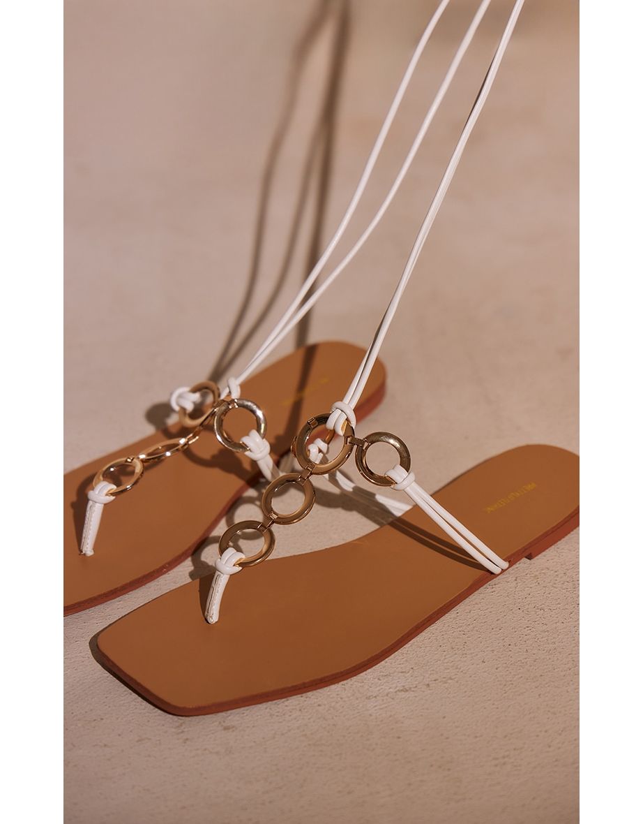 White Round Thong Toe Strappy Circle Trim Lace Up Flat Sandals - 3